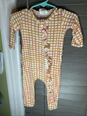 Baby Ruffle-Front Plaid Footie One-Piece in Pink & Yellow